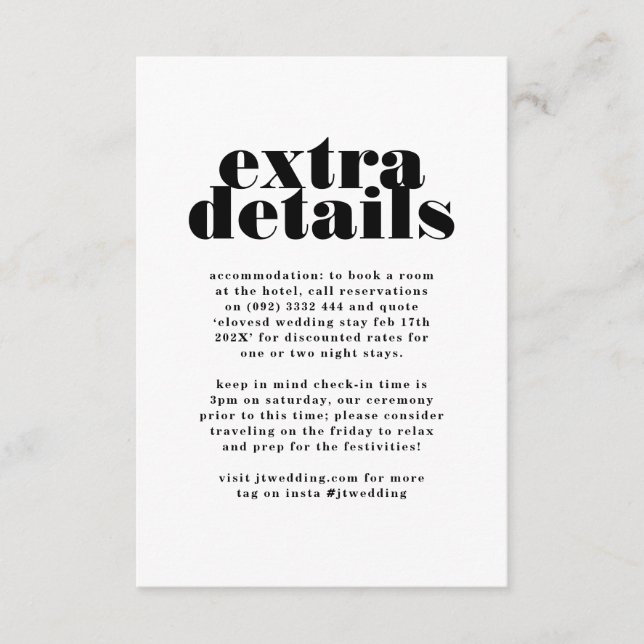 Cartão De Informações Detalhes Adicionais do Branco Negro Negrito Modern (Frente)