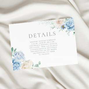 Cartão De Informações Detalhes Bons de Casamento Floral Branco e Azul