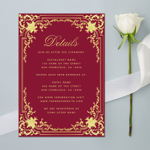 Cartão De Informações Detalhes Burgundy Faux Dourado Casamento de Script