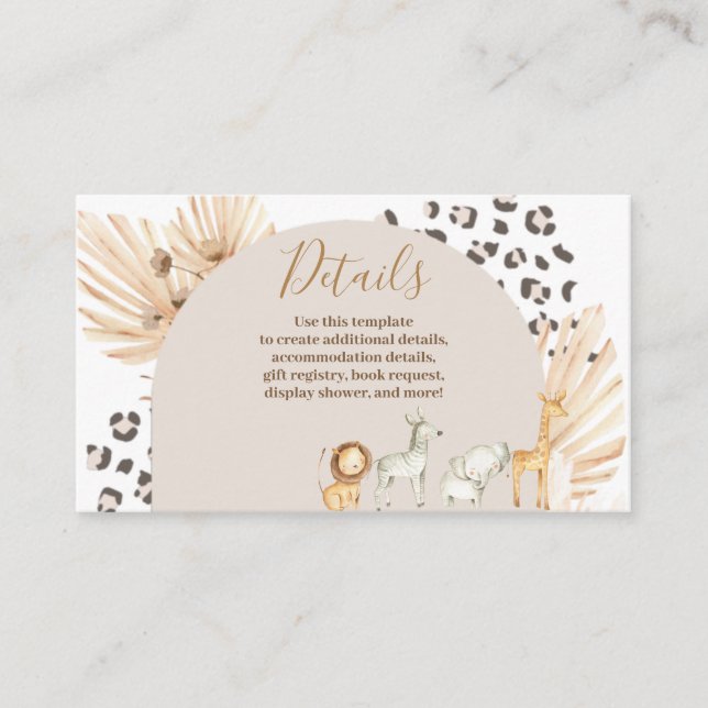 Cartão De Informações Detalhes da Aquarela de Animais Safari Boho (Frente)