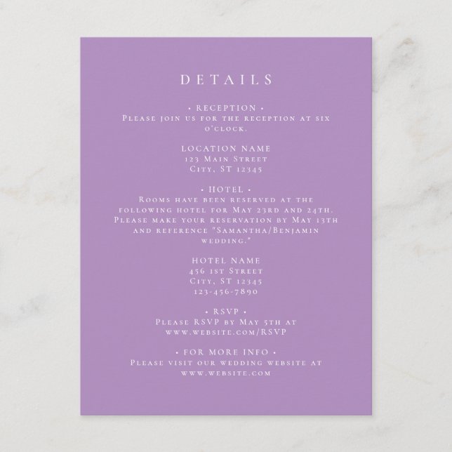 Cartão De Informações Detalhes da Coordenada Lilac Elegante (Frente)