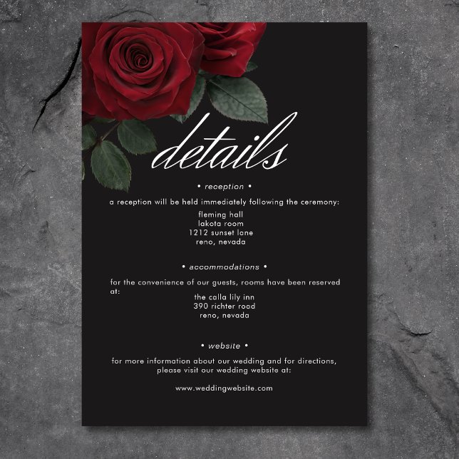 Cartão De Informações Detalhes da Floral de Rosas vermelhas de Sangue do (Elegant Moody Blood Red Roses Floral Details Enclosure Card)