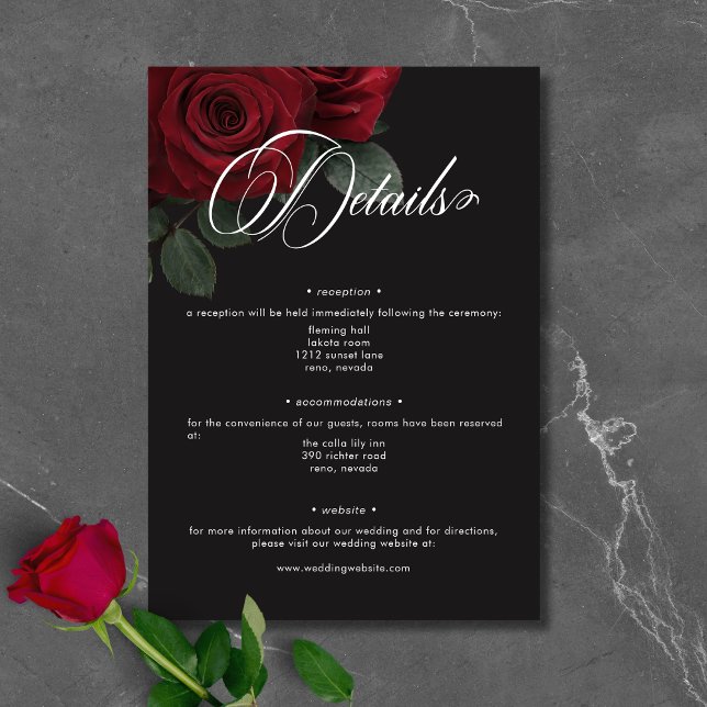 Cartão De Informações Detalhes da Floral de Rosas vermelhas de Sangue do (Elegant Moody Blood Red Roses Floral Details Enclosure Card)