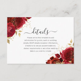 Cartão De Informações Detalhes da Quinceanera Floral Vermelha e Dourada 