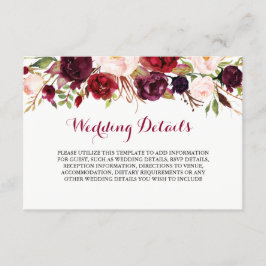 Cartão De Informações Detalhes da Recepção de Casamento Floral Burgundy