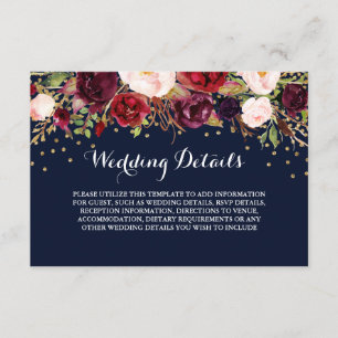 Cartão De Informações Detalhes da Recepção de Casamento Floral Burgundy