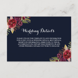 Cartão De Informações Detalhes da Recepção de Casamento Floral Burgundy