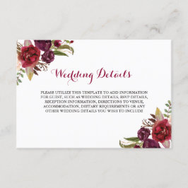 Cartão De Informações Detalhes da Recepção de Casamento Floral Burgundy