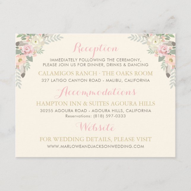 Cartão De Informações Detalhes da Recepção de Casamento Floral Rosa Clar (Frente)