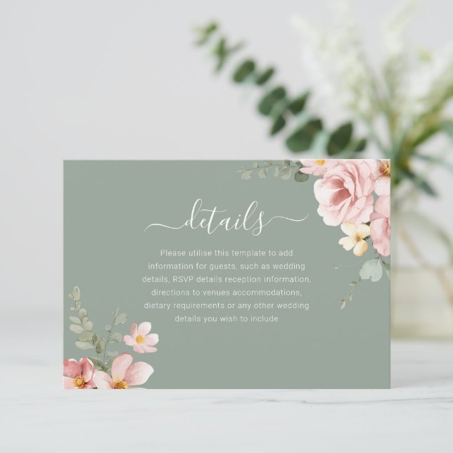 Cartão De Informações Detalhes da Recepção de casamento Floral Verde do  (Em pé/Frente)