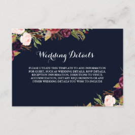 Cartão De Informações Detalhes da Recepção de Outono Floral Azul Marinho
