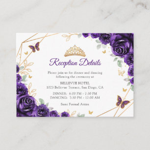 Cartão De Informações Detalhes da Recepção de Quinceanera Floral Dourado