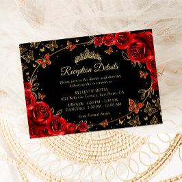 Cartão De Informações Detalhes da Recepção de Quinceanera Preto Vermelho