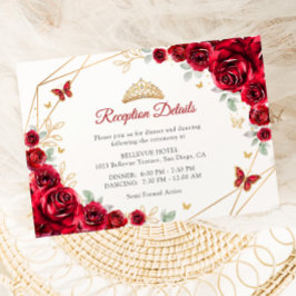 Cartão De Informações Detalhes da Recepção Floral de Quinceanera Dourada