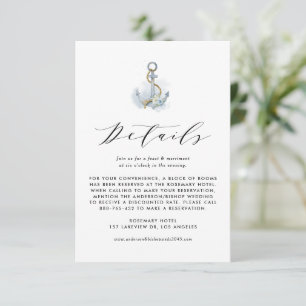 Cartão De Informações Detalhes de Casamento Âncora Floral Azul Aquarela