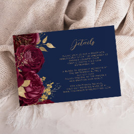 Cartão De Informações Detalhes de Casamento Azul Naval com Floral Burgun