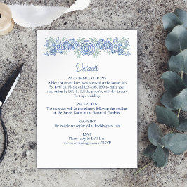 Cartão De Informações Detalhes de Casamento Azul Naval Floral Empoeirado