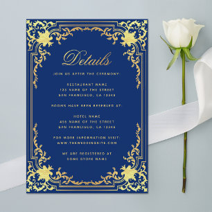 Cartão De Informações Detalhes de Casamento Azul Royal Elegante com Folh