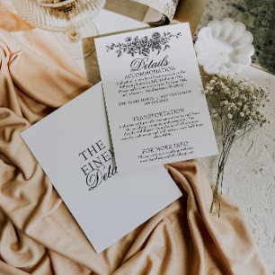 Cartão De Informações Detalhes de Casamento Boho Floral Jardim Preto e B