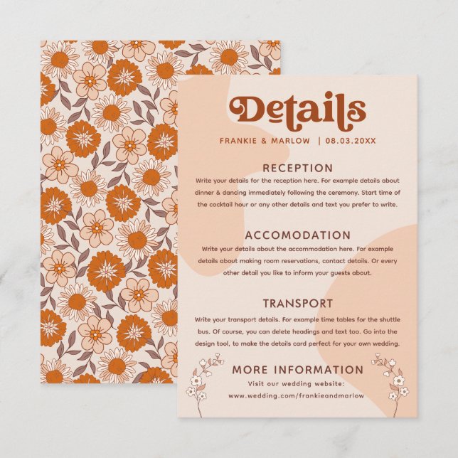 Cartão De Informações Detalhes de Casamento Boho Retro dos Anos 70 (Frente/Verso)