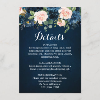 Cartão De Informações Detalhes de Casamento Boho Rosa Azul Naval