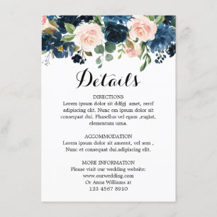 Cartão De Informações Detalhes de Casamento Boho Rosa Azul Naval