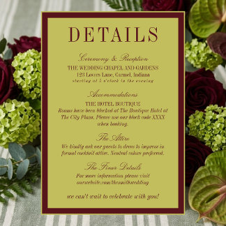 Cartão De Informações Detalhes de Casamento Burgundy Chartreuse Elegante