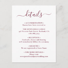 Cartão De Informações Detalhes de Casamento Burgundy em Letra Elegante