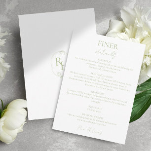 Cartão De Informações Detalhes de Casamento Chic Verde Claro Monograma F