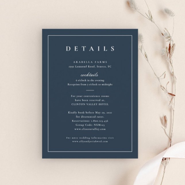 Cartão De Informações Detalhes de Casamento Clássicos e Elegantes em Azu (Simple Navy Blue Wedding Details Enclosure Cards.)
