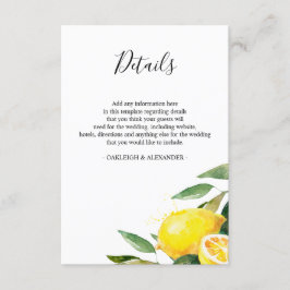 Cartão De Informações Detalhes de Casamento com Aquarela de Limão e Folh