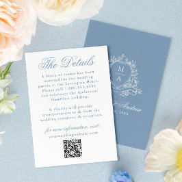 Cartão De Informações Detalhes de Casamento com Brasão Floral Azul Elega