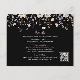 Cartão De Informações Detalhes de Casamento com Código QR Boho Preto Flo