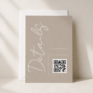 Cartão De Informações Detalhes de casamento com código QR em bege taupe