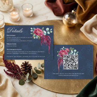 Cartão De Informações Detalhes de Casamento com Código QR Floral Azul Pr