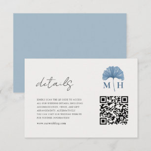 Cartão De Informações Detalhes de Casamento com Código QR Monograma Azul