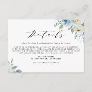 Cartão De Informações Detalhes de Casamento com Flores Azuis e Brancas e