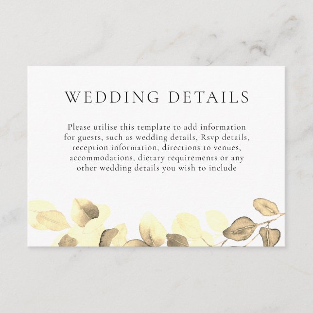 Cartão De Informações Detalhes de casamento com folha de ouro elegante R (Frente)
