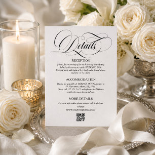 Cartão De Informações Detalhes de casamento com letra elegante em preto