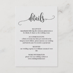 Cartão De Informações Detalhes de Casamento com Letra Elegante Preto e B