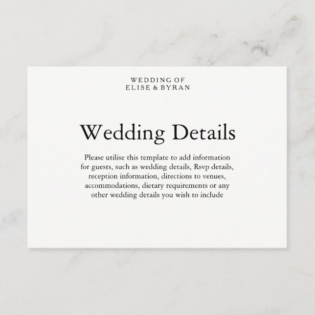 Cartão De Informações Detalhes de casamento com letra moderna simples e  (Frente)