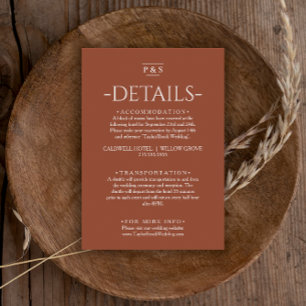 Cartão De Informações Detalhes de casamento com monograma de terracota l