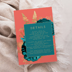 Cartão De Informações Detalhes de Casamento Coral Ouro Azul Floral Elega