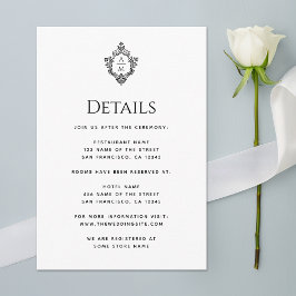 Cartão De Informações Detalhes de Casamento Crest Preto Branco Monograma