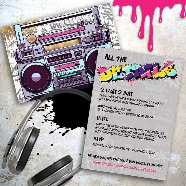 Cartão De Informações Detalhes de Casamento da Caixa de Boombox Dourada  (Retro 80's Hip Hop boombox colorful graffiti hot pink aqua gold record album wedding details card)