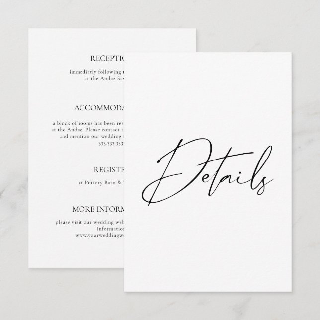 Cartão De Informações Detalhes de Casamento da Caligrafia Mínima Moderna (Frente/Verso)