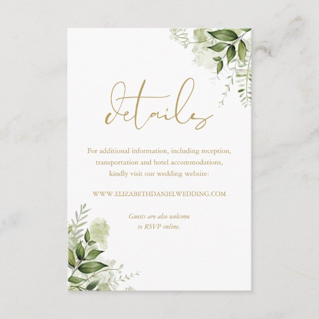 Cartão De Informações Detalhes de Casamento de Dourado Script Chic Flora (Frente)