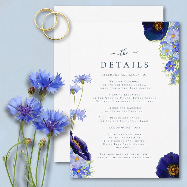 Cartão De Informações Detalhes de Casamento de Flores Silvestres Elegant (Elegant wildflower watercolor summer floral blue wedding details card with modern typography script)