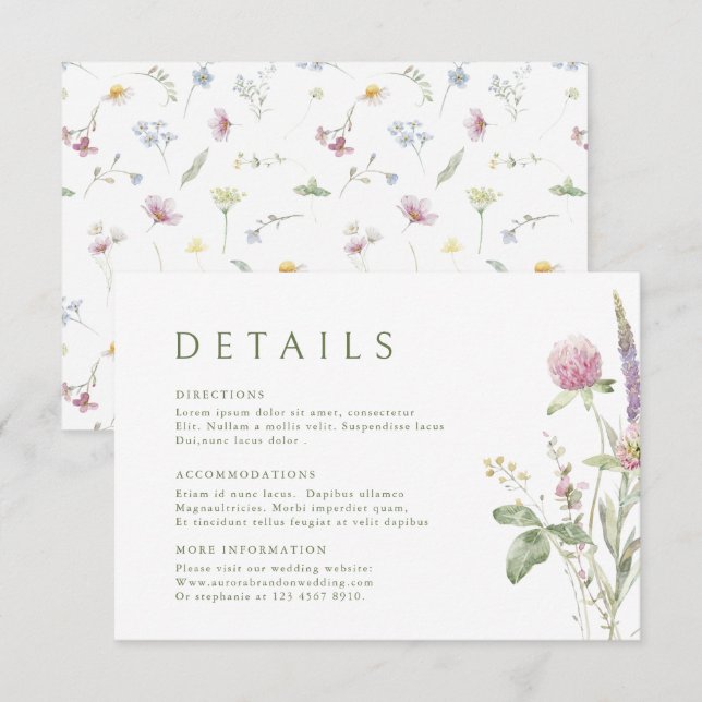 Cartão De Informações Detalhes de casamento de flores silvestres pastéis (Frente/Verso)