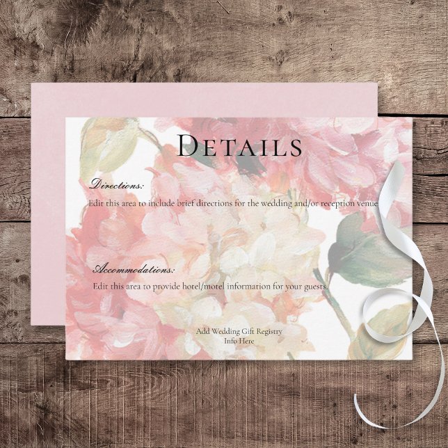 Cartão De Informações Detalhes de Casamento de Hydrangea Blush Moderno C (Modern Pink Blush Hydrangea Wedding Details Card)